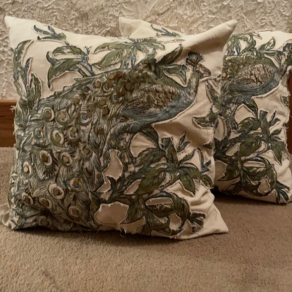Pottery Barn Accents Pottery Barn Peacock Embroidered Applique Pillows With Inserts 24x24